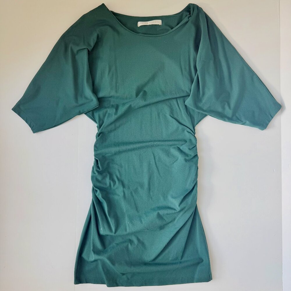 Susana Monaco Emerald Green Ruched Dress XS Boat Neck 3/4 Sleeve